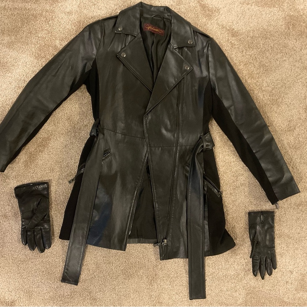 Black Leather Jacket with Gloves